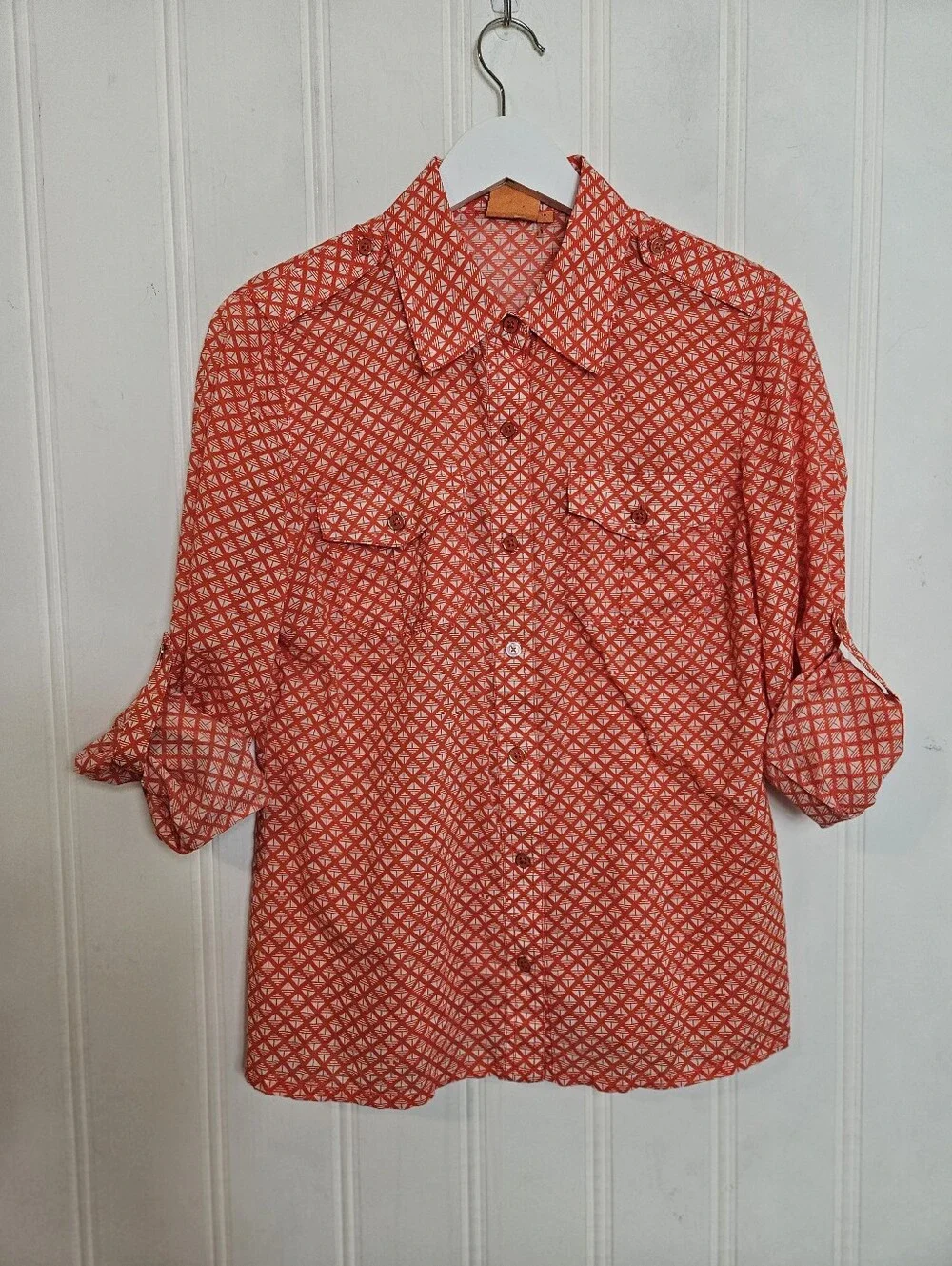 Tory Burch Brigitte Blouse 6 Checkerboard Roll Tab Utility Cotton Orange White